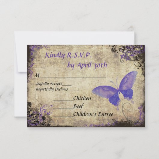 Purple Papillon Vintage Mariage RSVP Invitation (Devant)