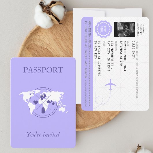 Purple Passport Voyage fille Baby shower Carte du