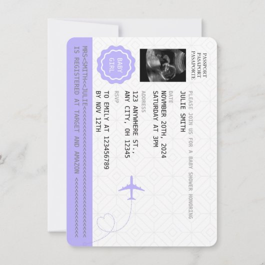 Purple Passport Voyage fille Baby shower Carte du (Dos)