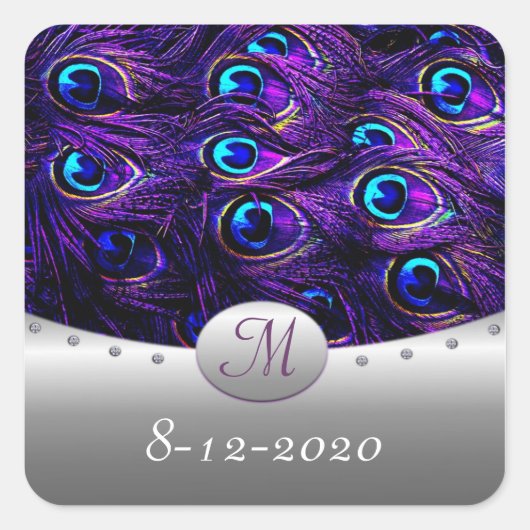 Purple Peacock Wedding Invitation Envelope Seals Vierkante Sticker (Voorkant)