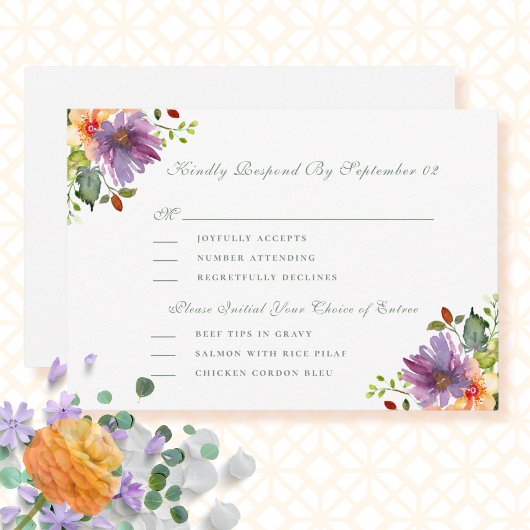 Purple Pêche Florale Menu Sélection Mariage RSVP