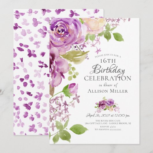 Purple Peonies Floral 16e anniversaire Invitation (Devant / Derrière)