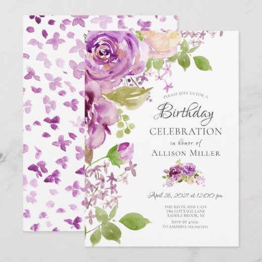 Purple Peonies Floral Anniversaire Fête Invitation (Devant / Derrière)