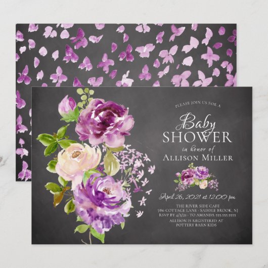 Purple Peonies Floral Baby shower Invitation (Devant / Derrière)
