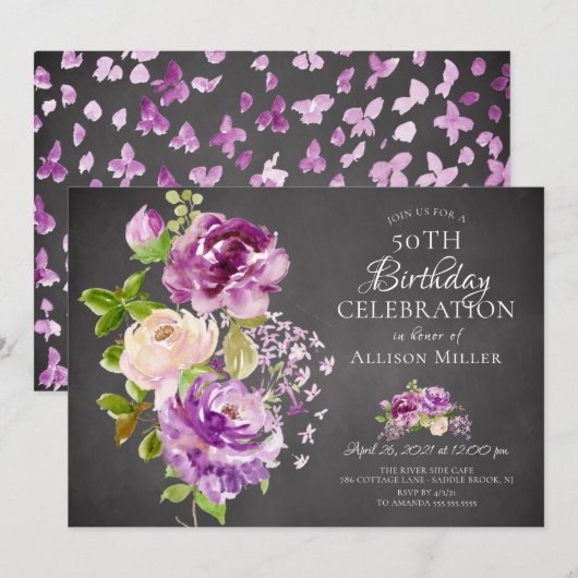 Purple Peonies Floral Invitation d'anniversaire (Devant / Derrière)