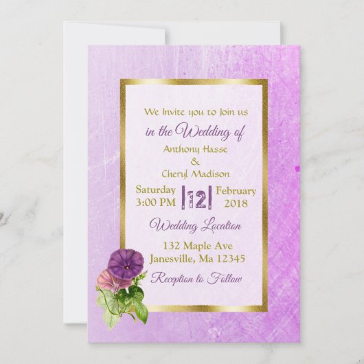 Purple Petunias et Gold Wedding Invitations (Devant)
