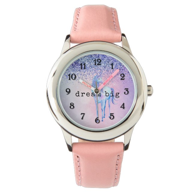 Purple Pink Blue Schabre Unicorn Glitter Horloge (Voorkant)