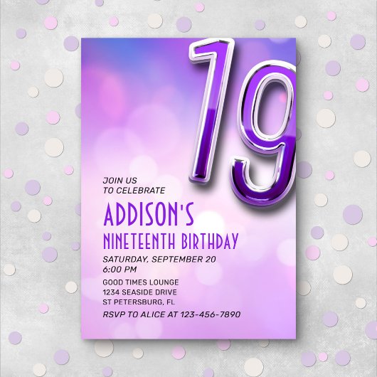 Purple Pink Bokeh 19ème anniversaire Invitation