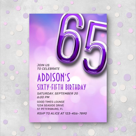 Purple Pink Bokeh 65e anniversaire Invitation