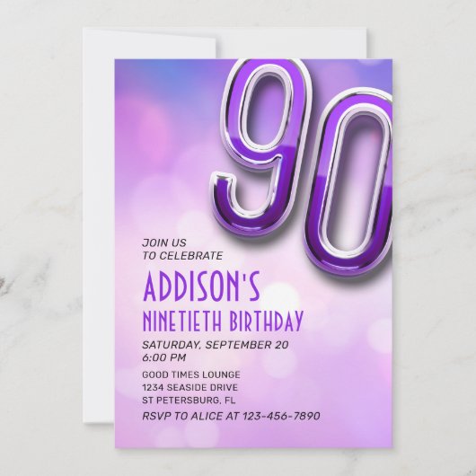 Purple Pink Bokeh 90e Invitation d'anniversaire (Devant)
