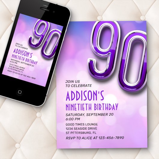 Purple Pink Bokeh 90e Invitation d'anniversaire