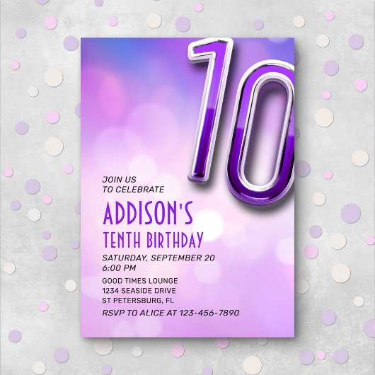 Purple Pink Bokeh Invitation 10e anniversaire