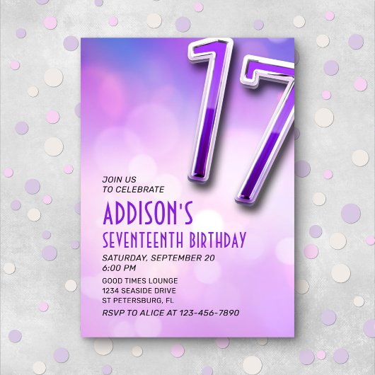 Purple Pink Bokeh Invitation 17e anniversaire