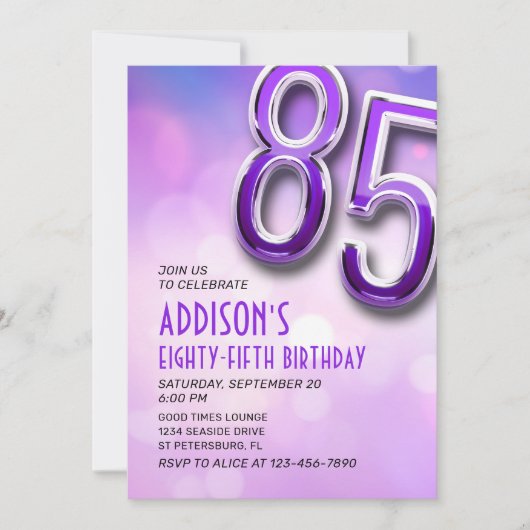 Purple Pink Bokeh Invitation 85e anniversaire (Devant)