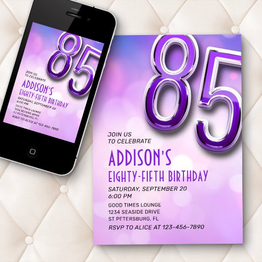 Purple Pink Bokeh Invitation 85e anniversaire