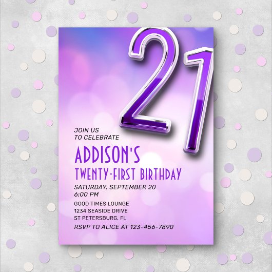 Purple Pink Bokeh Invitation du 21e anniversaire