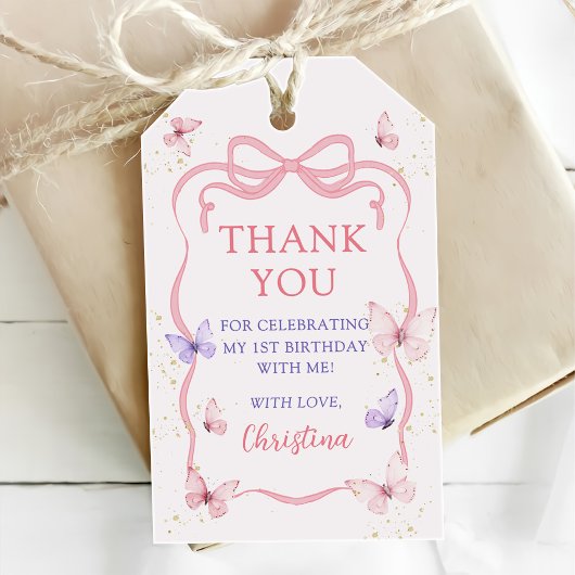 Purple Pink Bow Butterfly Birthday Party Cadeaulabel