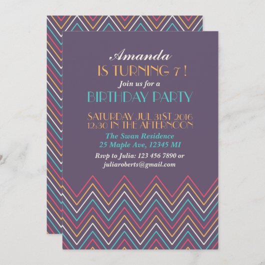Purple Pink Chevron Invitation de fête d'anniversa (Devant / Derrière)