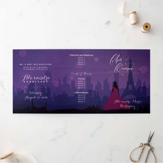 Purple Pink Paris Fireworks Quinceañera Tri-Fold I (Extérieur)
