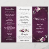 Purple Plum Blush Rose Programme de mariage triplé (Devant)