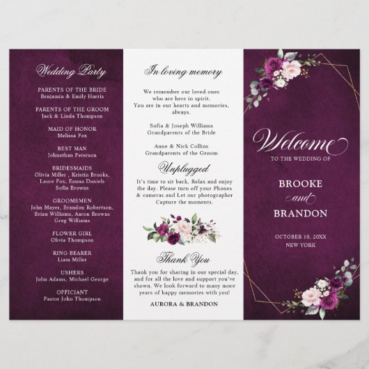 Purple Plum Blush Rose Programme de mariage triplé (Devant)