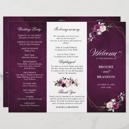 Purple Plum Blush Rose Programme de mariage triplé (Devant / Derrière)