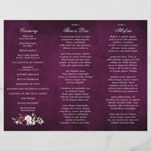 Purple Plum Blush Rose Programme de mariage triplé (Dos)