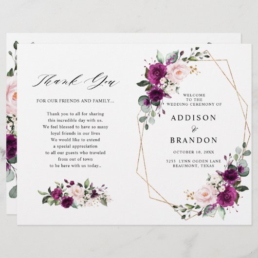 Purple Plum Blush Rose Roses Programme de mariage (Devant / Derrière)