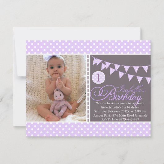 Purple Polka Dot Bunting Premier Invitation d'anni (Devant)