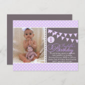 Purple Polka Dot Bunting Premier Invitation d'anni (Devant / Derrière)