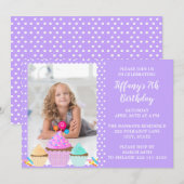 Purple Polka Dot Photo Anniversaire Invitation (Devant / Derrière)