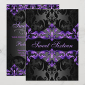 Purple Princess Damask Sweet16 Invitation d'annive (Devant / Derrière)