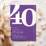 Purple Quarante 40e anniversaire Invitations<br><div class="desc">Invitations tendance violet 40ème anniversaire avec le numéro '40' dans une grande police serif audacieuse,  et un modèle invitation moderne facile à personnaliser.</div>