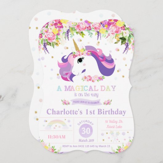 Purple Rainbow Unicorn 1er Anniversaire Invitation (Devant / Derrière)