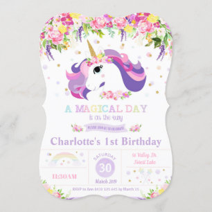 Purple Rainbow Unicorn 1er Anniversaire Invitation