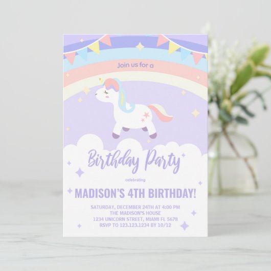 Purple Rainbow Unicorn Invitations d'anniversaire (Debout devant)