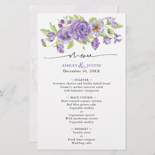 Purple rêves élégant Mariage Accueil Menu (Devant / Derrière)