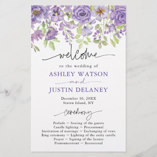 Purple rêves stylish floral programme de mariage (Devant)