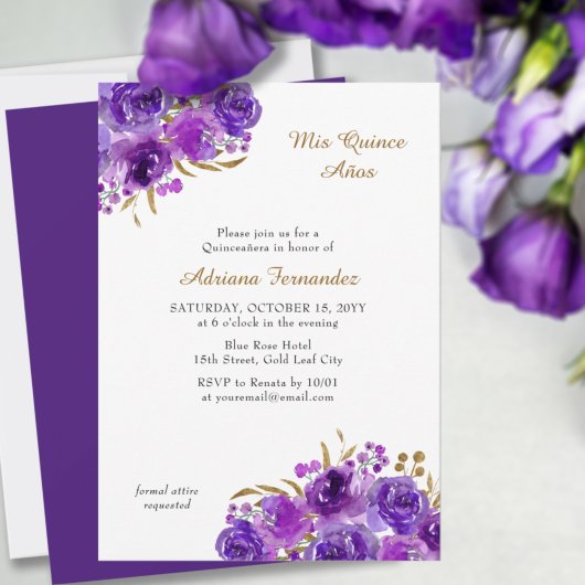 Purple Rose and Gold Leaf Quince Anos Quinceanera Kaart
