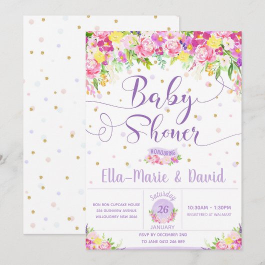Purple rose Floral Baby Shower Invitations Fille (Devant / Derrière)