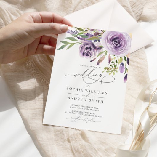 Purple Rose Floral Élégant Mariage Invitation