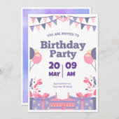 Purple & Rose mignonne Invitation de fête d'annive (Devant / Derrière)