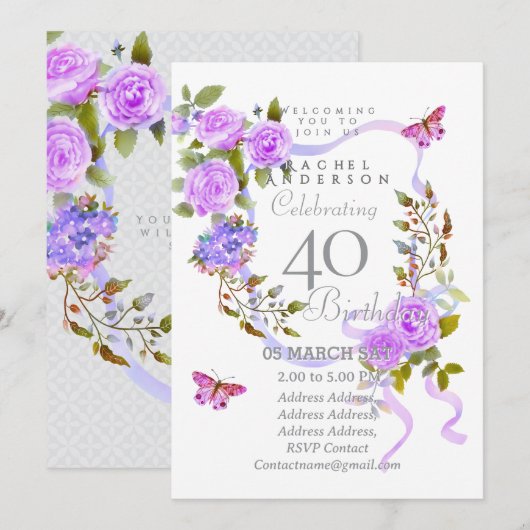 Purple Rose Ribbon 40th Birthday Invitation (Devant / Derrière)