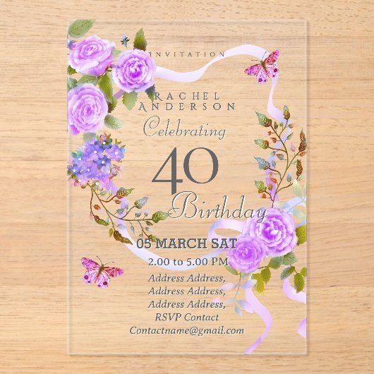 Purple Rose Ribbon 40th Birthday Invitation (Recto)