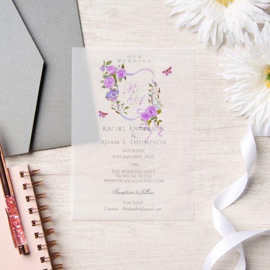 Purple Rose Ribbon Monogram Wedding  Invitation (Mariage)