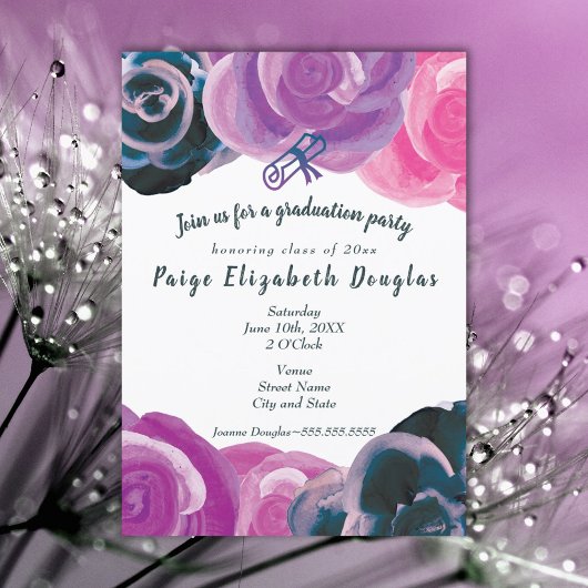 Purple Rose Roses Graduation Invitations