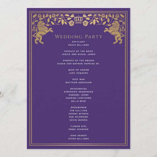 Purple Royal Lion Médiéval Programme de mariage de (Dos)