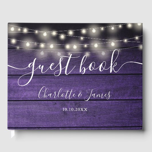 Purple Rustic Wood String Lights Photo Wedding Gastenboek (Voorkant)