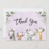Purple Safari Animaux Baby shower Carte de remerci (Dos)