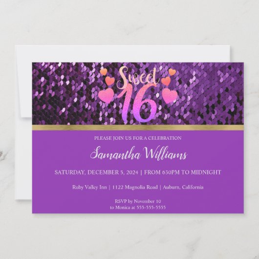 Purple Sequins Sweet 16 Invitation (Devant)
